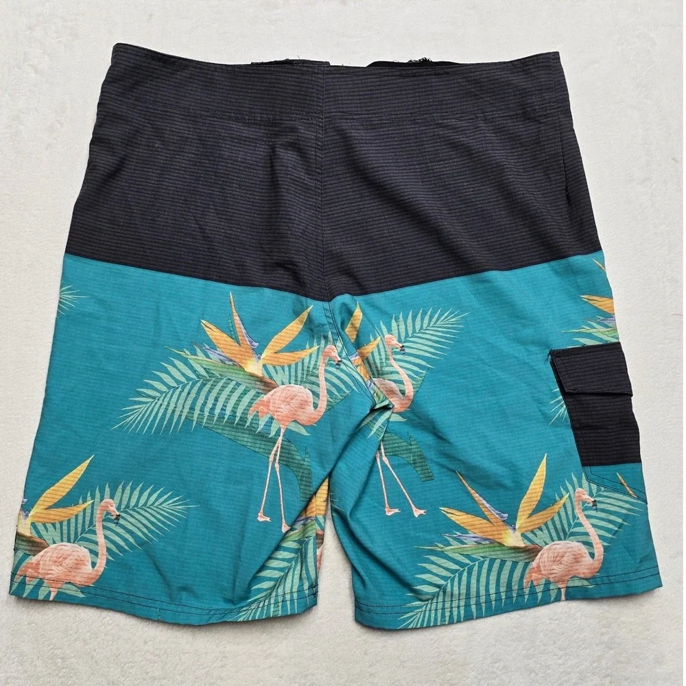 Ocean Current Flamingo Tropical Board Shorts Teal Black Mens 34 Summer Beach